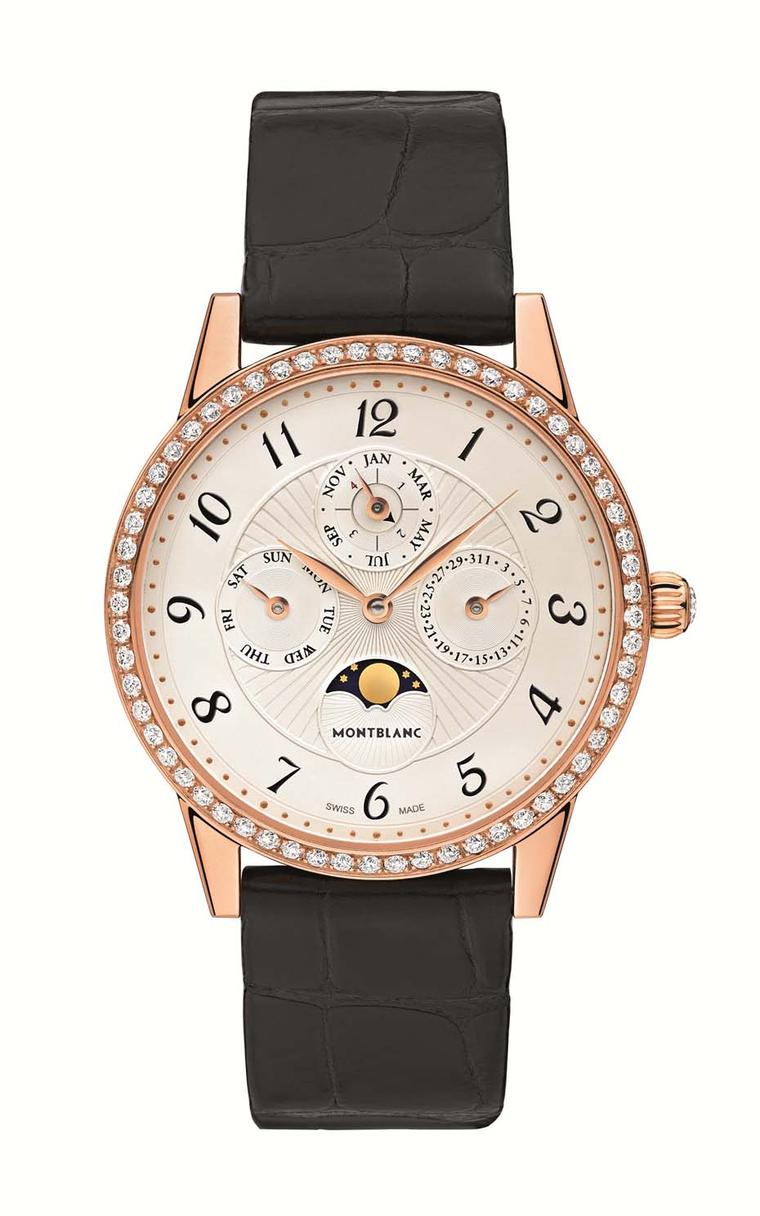 Montblanc Bohème perpetual calendar watch for women. Unlike many women’s complications, which are often just smaller versions of the pre-existing men’s watch, the Bohème collection was conceived for women, and it shows.