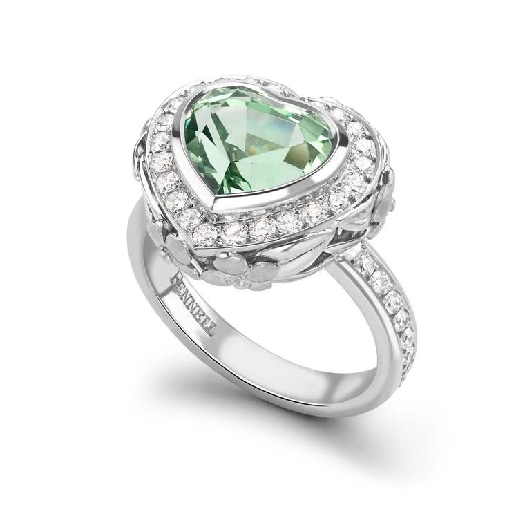 Theo Fennell heart-shaped white gold engagement ring featuring a beautiful 4.3 carat green tsavorite garnet and diamonds.