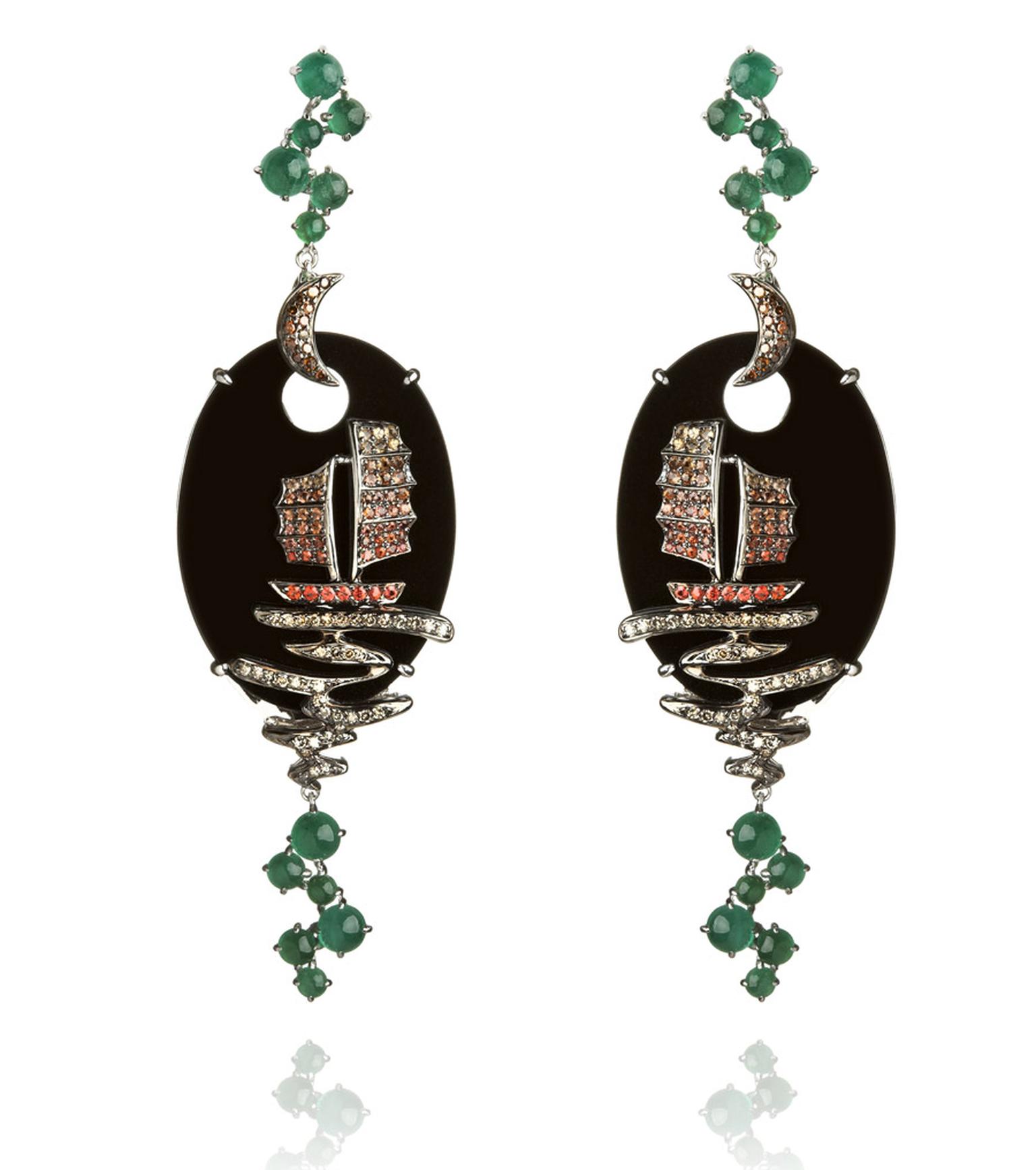 White gold, diamond, sapphire and emerald Fantasie Night Ship earrings by Wendy Yue for Annoushka (£9,200).