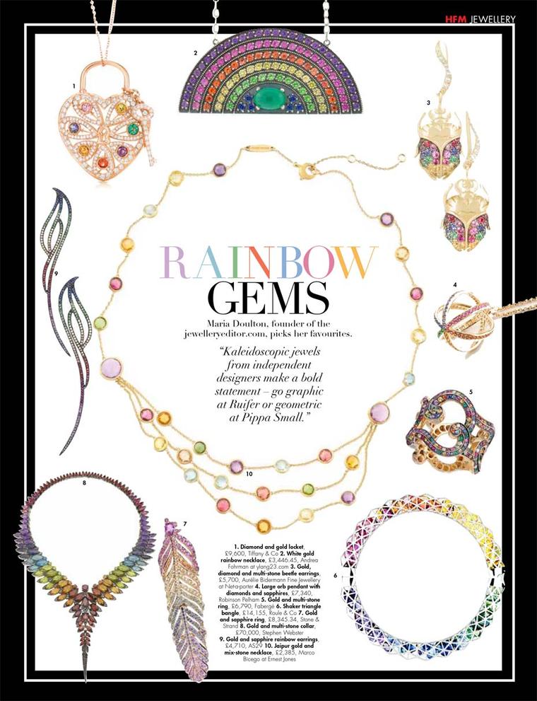 The trend for multi-coloured gemstones shines through on one of the pages of Hello! Fashion magazine, curated by The Jewellery Editor.