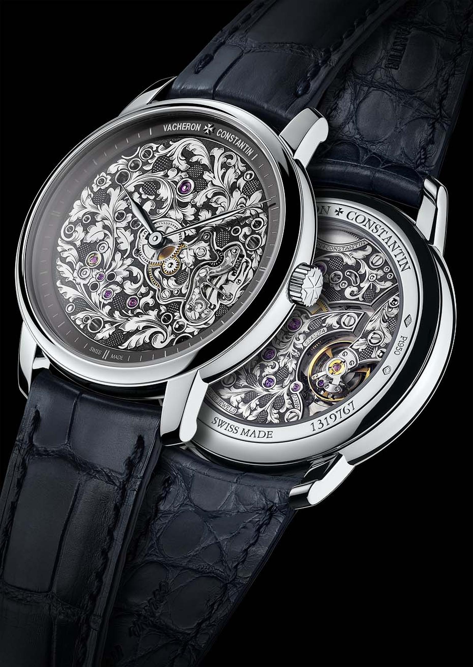Vacheron Constantin Métiers d'Art Mécaniques Gravées calibre 4400 has been hand-engraved with acanthus leaf motifs on both sides of the movement. The watch is presented in a 39mm platinum case.