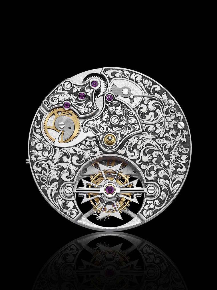 A view of the dial side of Vacheron Constantin's Mécaniques Gravées calibre 2260 watch, highlighting the hand-engraved motifs that took 10 days to complete.