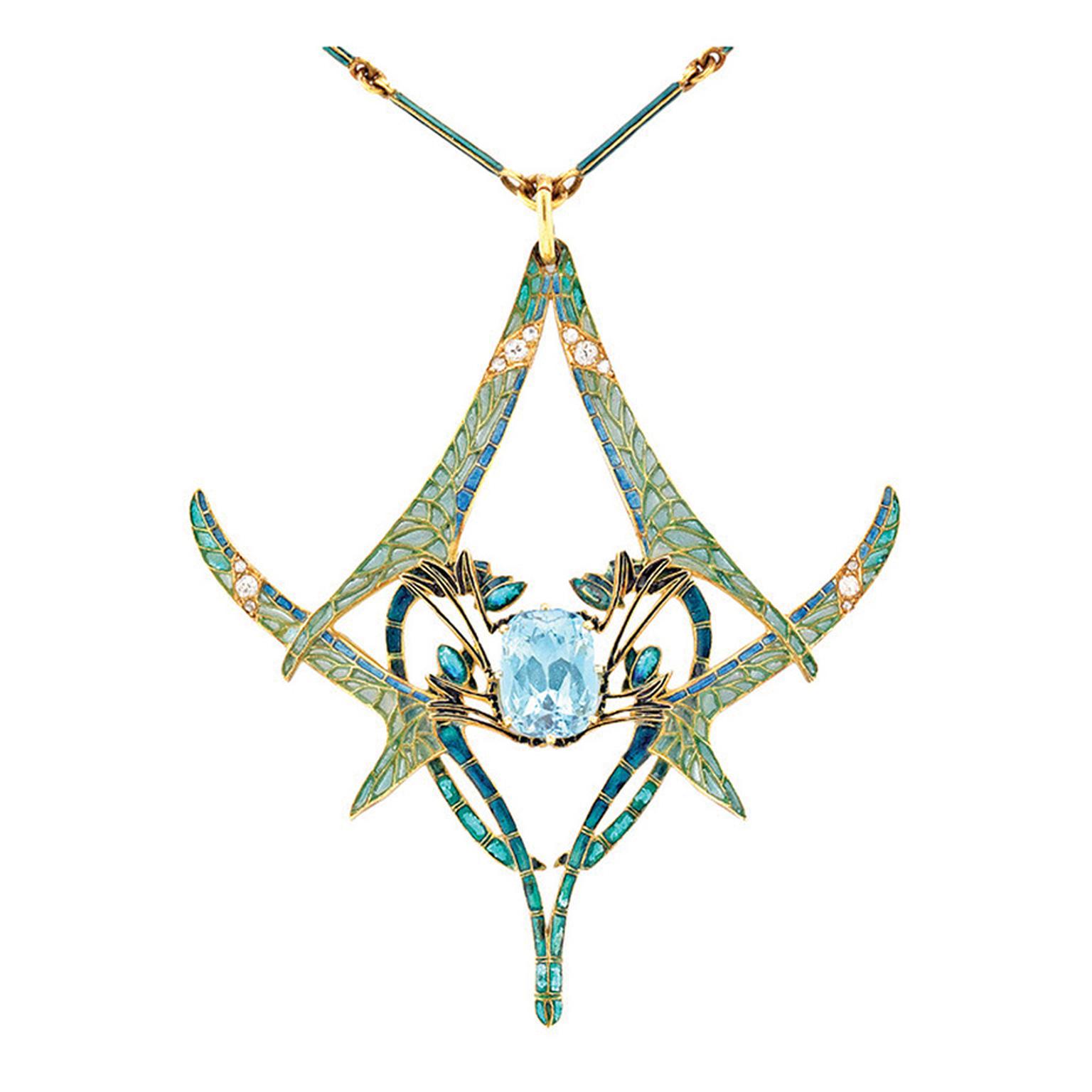 Important René Lalique dragonfly aquamarine pendant with plique-à-jour enamel wings, embellished with circular- and rose-cut diamonds.