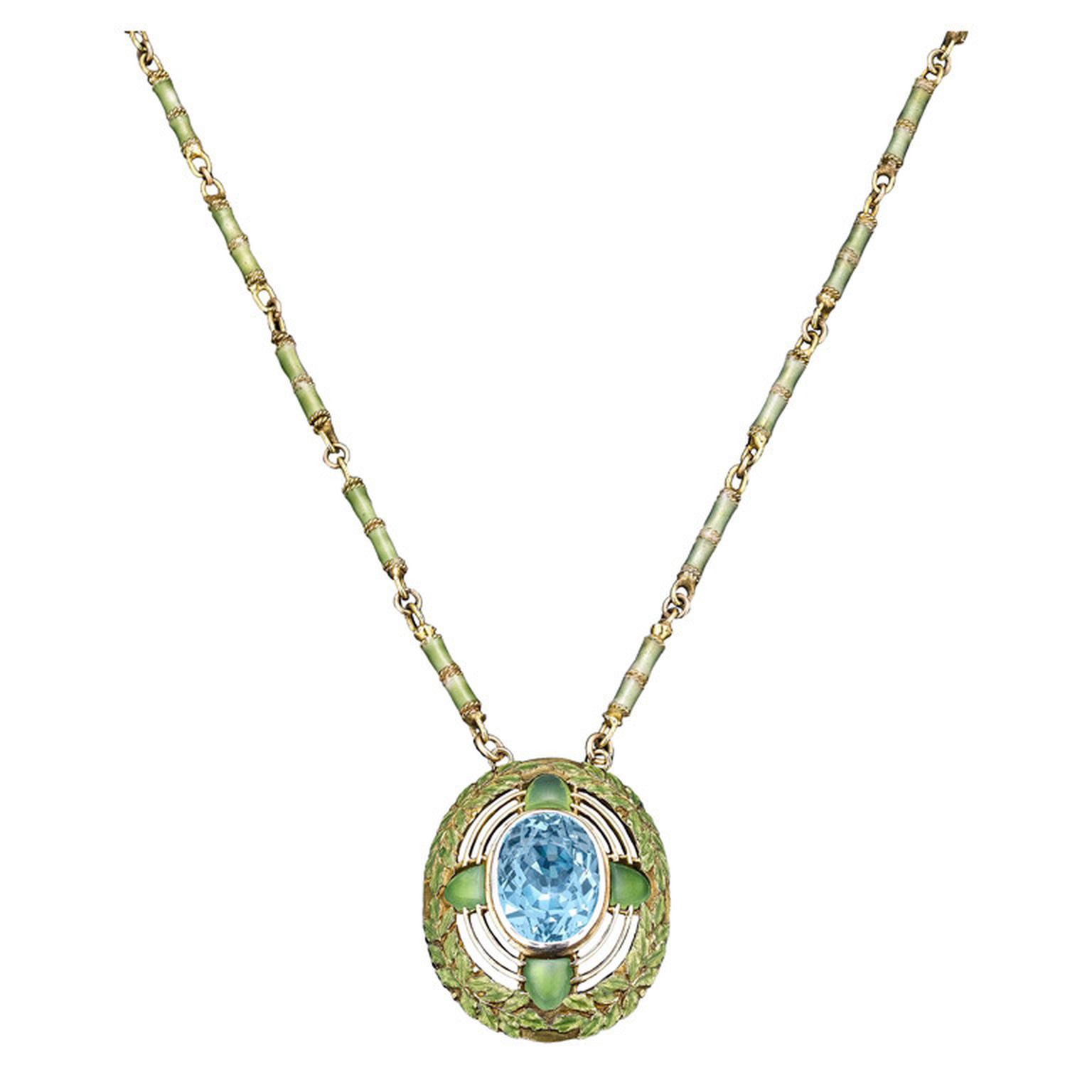 Tiffany & Co. Art Nouveau aquamarine necklace with green enamel detail, circa 1900.