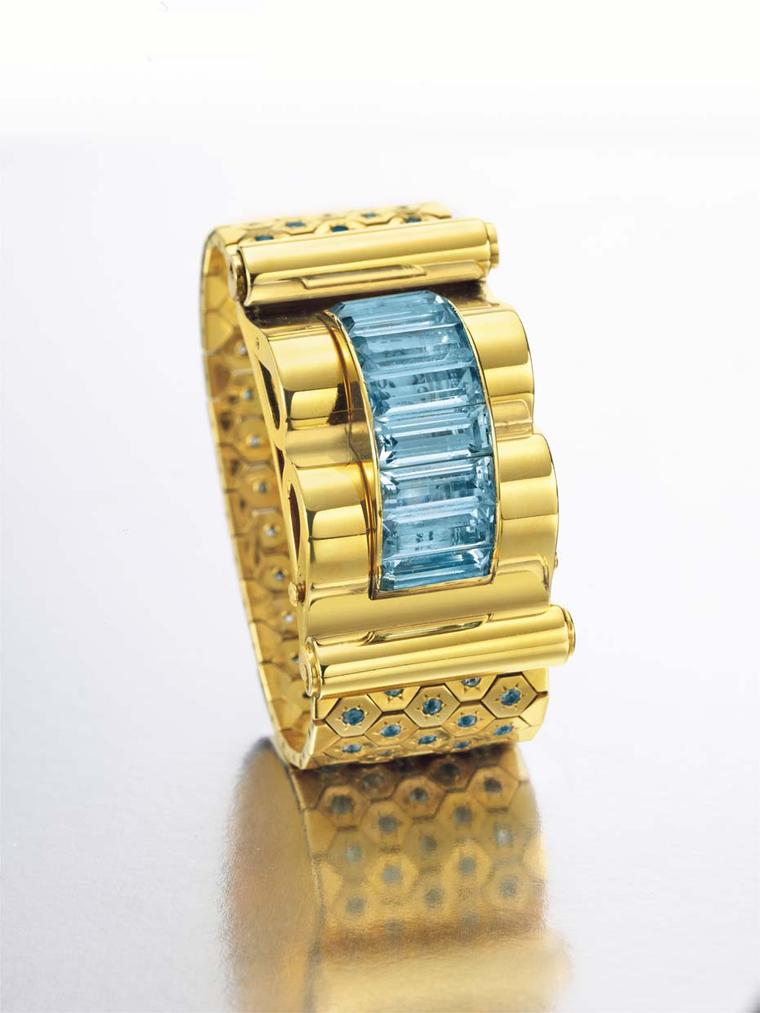 This Van Cleef & Arpels Ludo Hexagone bracelet watch in gold and aquamarine sold for US$68,750 at Christie's New York in 2014.