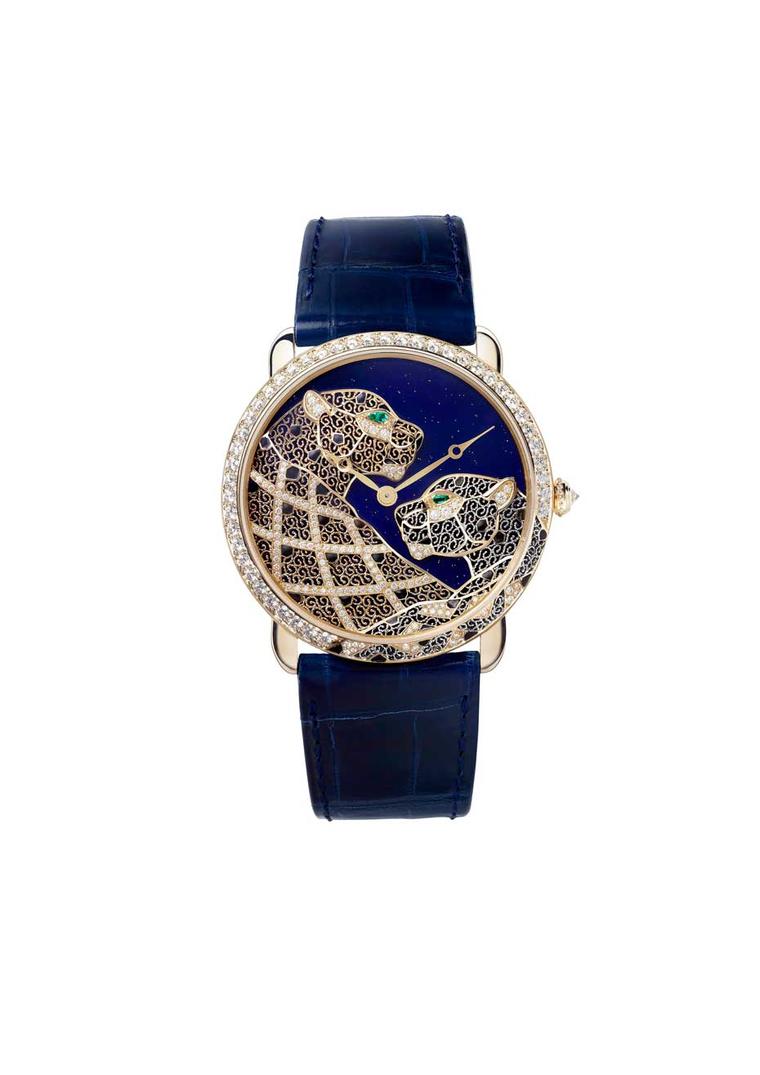 The Ronde Louis Cartier XL filigree watch reinvents the centuries-old technique of filigree, in which fine, thread-like wires of gold or silver are twisted and flattened with a hammer, shaped to form a motif, and then soldered to create light, airy patter