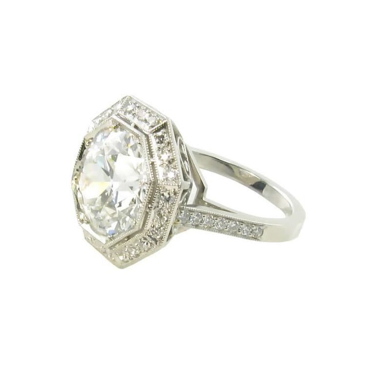 This Edwardian platinum and diamond ring featuring an old European-cut diamond, circa 1915, with a later shank, is available at 1stdibs. The old European brilliant-cut diamond is set within the original octagonal platinum frame, set with 24 round diamonds