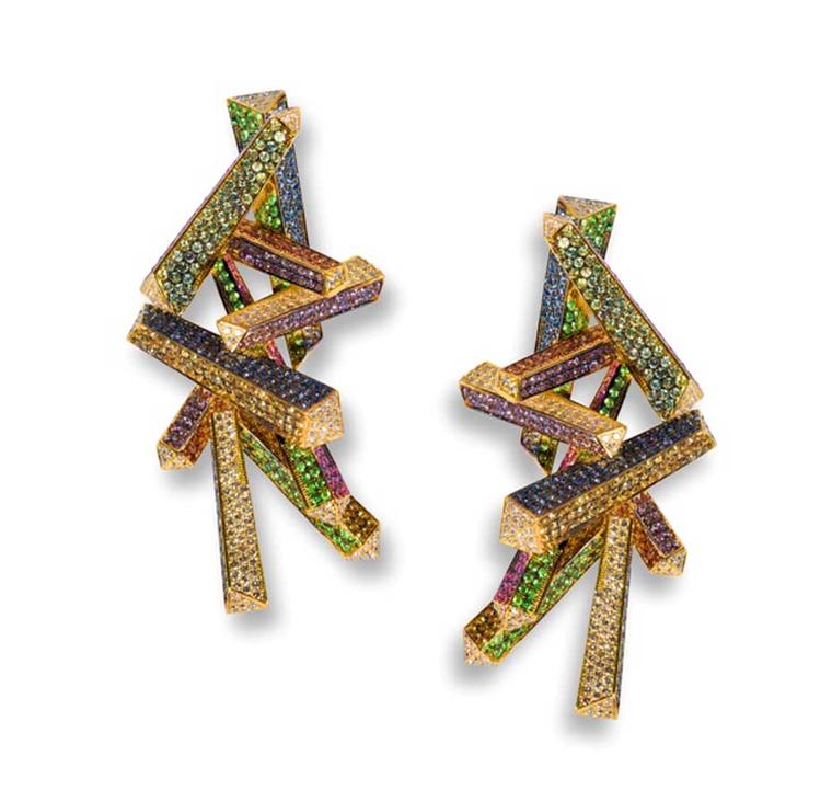 Rosior gold earrings set with diamonds, sapphires, emeralds and tsavorites.
