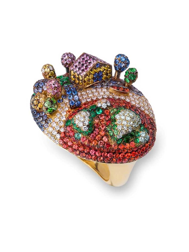 Gold Rosior ring set with white diamonds, yellow diamonds, sapphires, emeralds and tsavorites.