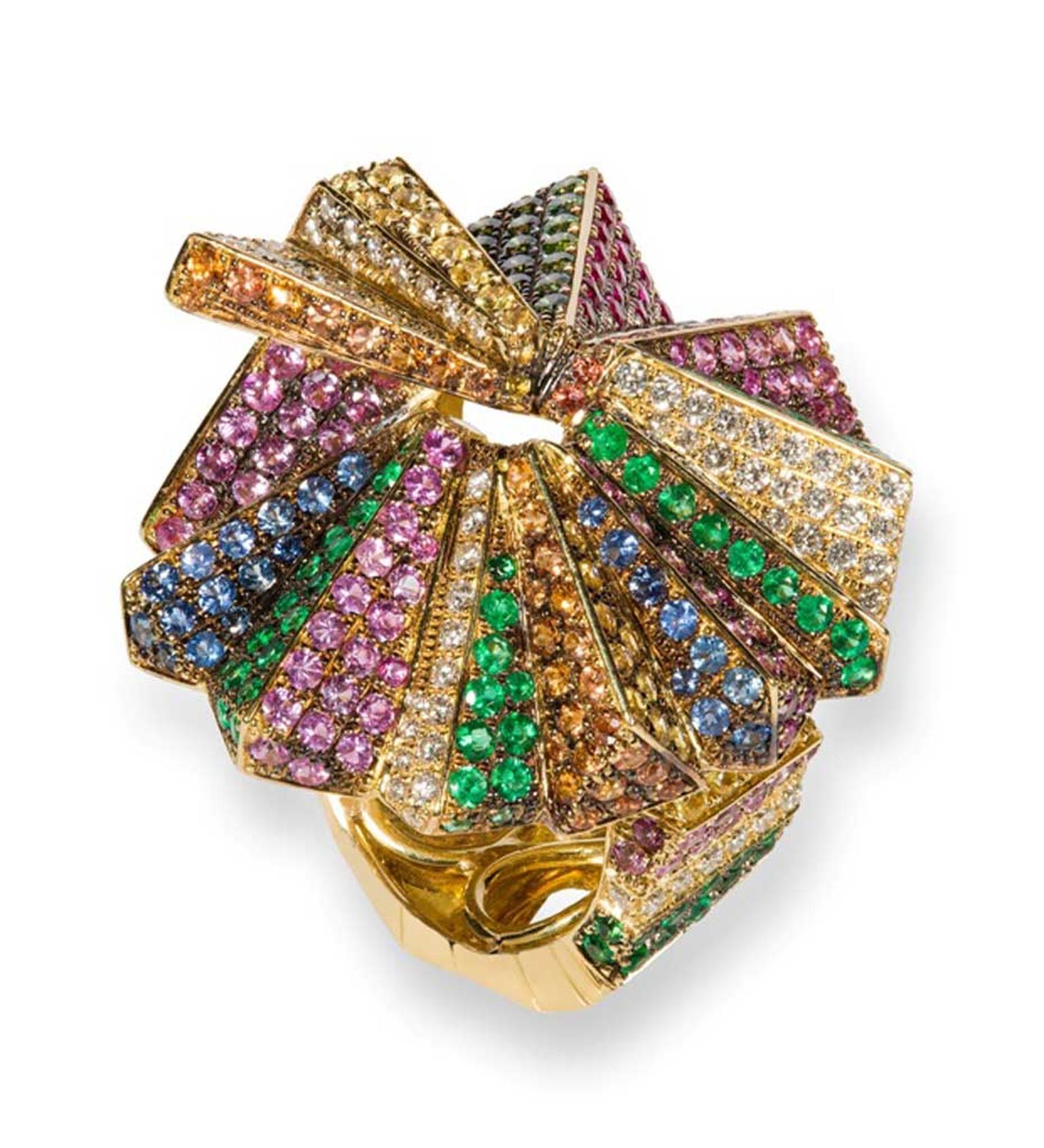 Rosior gold ring set with diamonds, rubies, sapphires and emeralds.