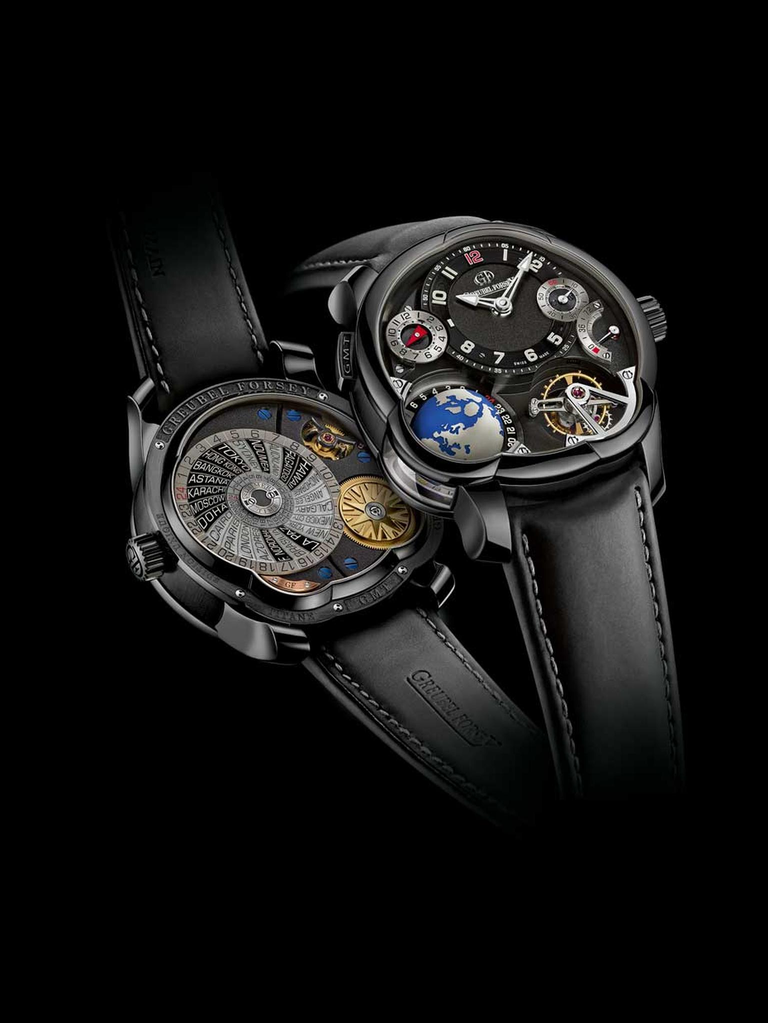 Greubel Forsey GMT watch with a rotating globe to display universal time, showing the time zones in 24 cities, day and night indicator, power reserve gauge, hour and minute display, summer time indicator and small seconds counter.
