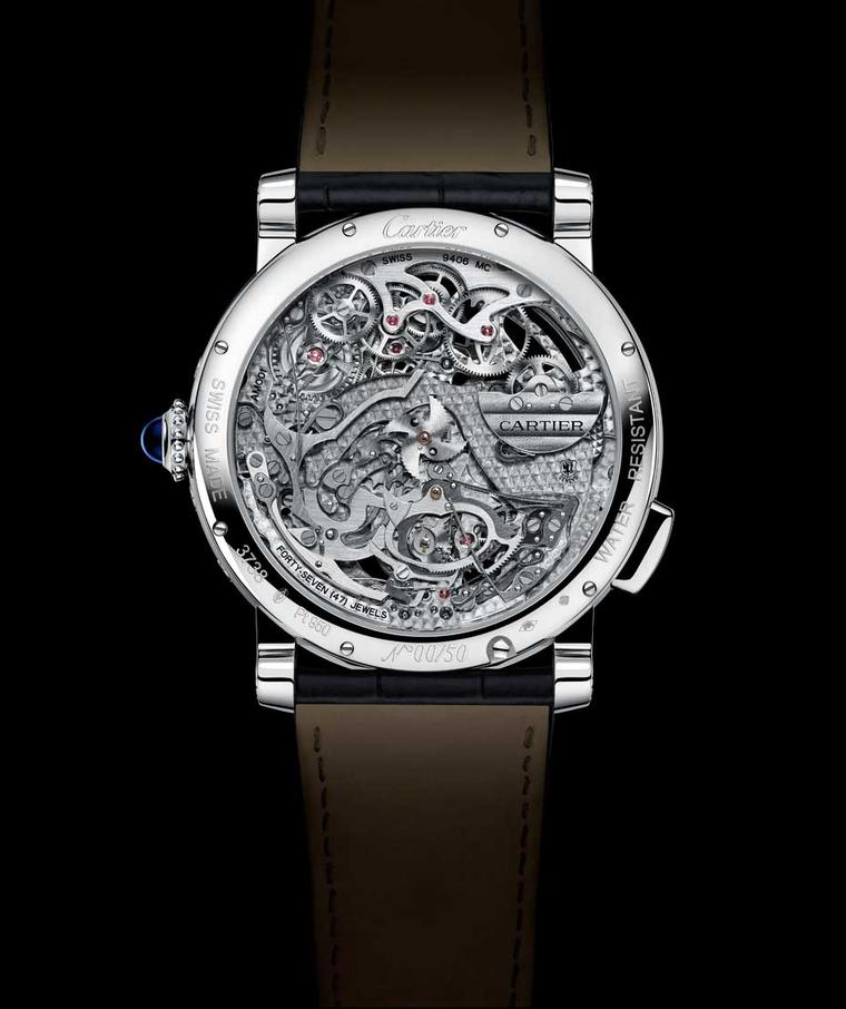 Cartier Rotonde de Cartier Grande Complication Skeleton watch runs on calibre 9406 MC. Just  5.49mm thick, the movement gets its energy from a platinum micro-rotor decorated with guilloché.