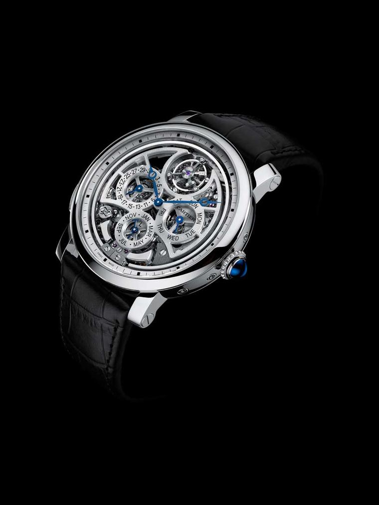 Cartier Rotonde de Cartier Grande Complication is presented in a 45mm platinum case and is a limited edition of 50 watches. Thanks to its openwork dial and skeletonised movement, all the action of the complications, including the hammers of the minute rep