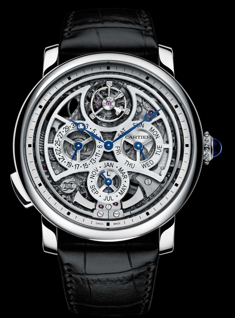 Cartier Rotonde de Cartier Grande Complication compresses three complications - perpetual calendar, minute repeater and flying tourbillon - into an ultra-thin skeletonised movement and openwork dial.