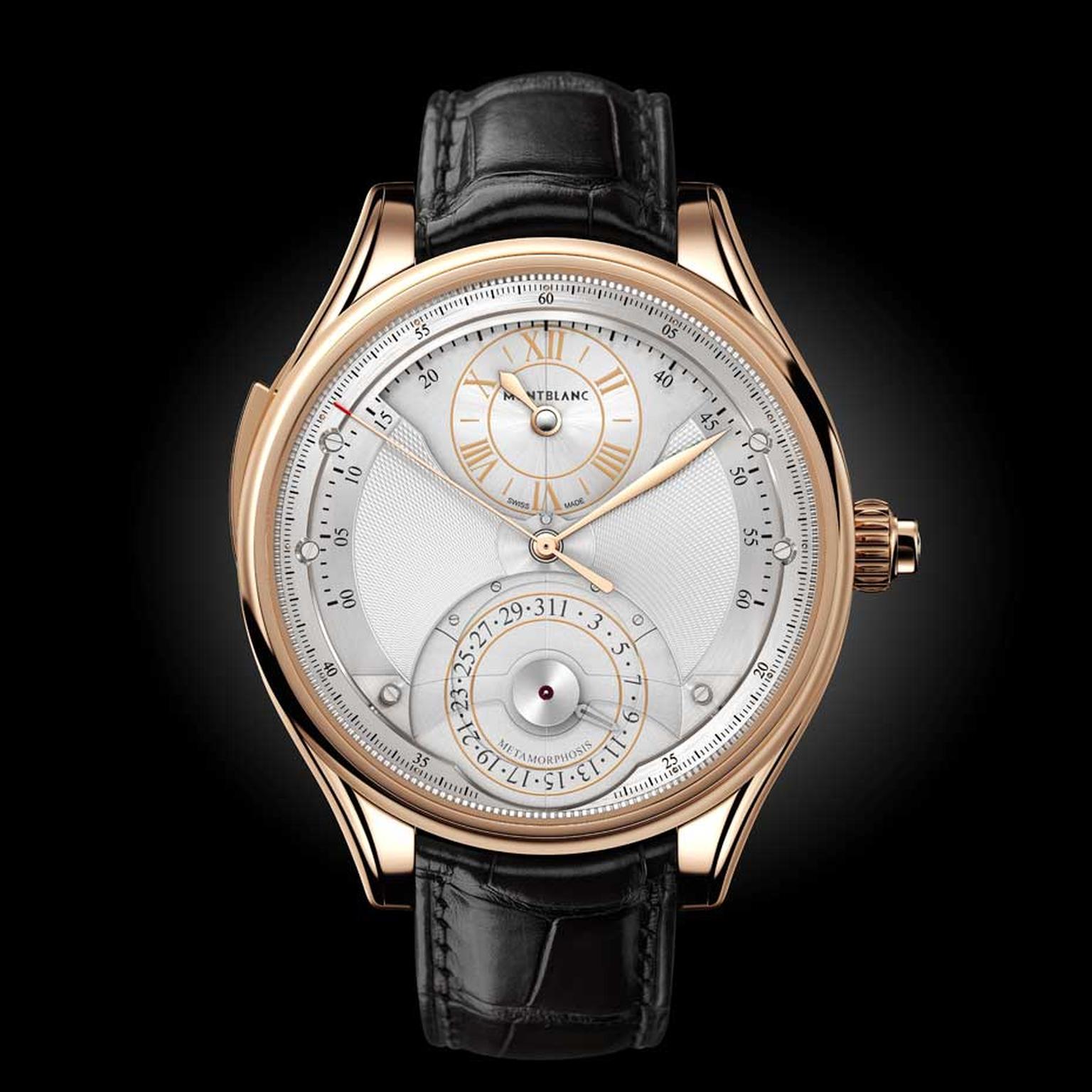 Montblanc Metamorphosis II watch appears with the classical hour, retrograde minute and date dial, and is presented in a 45mm rose gold case. If you look closely at the hours and seconds discs, you will notice a slight depression on the dial.