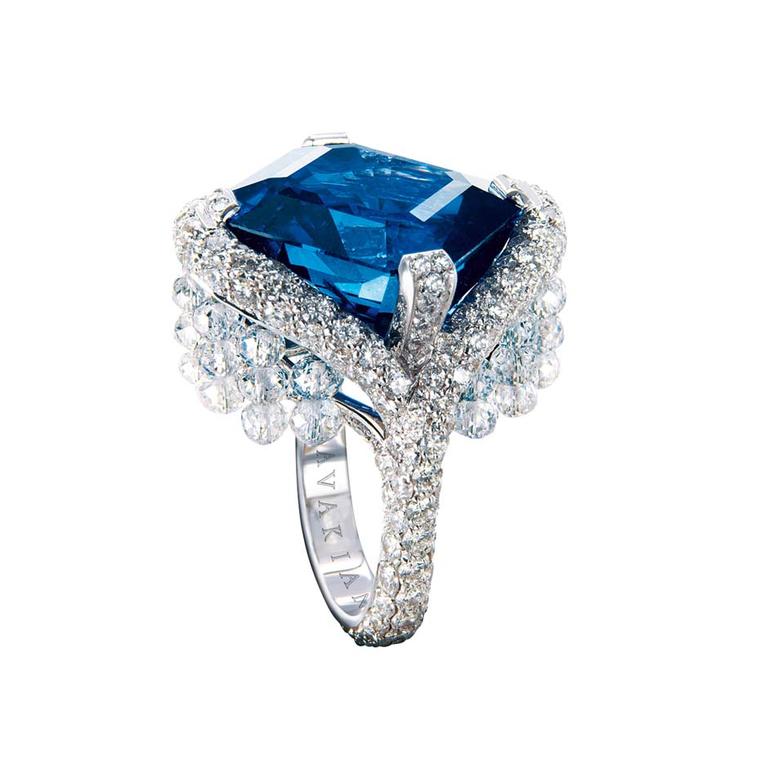 Avakian sapphire ring set with diamond briolettes.