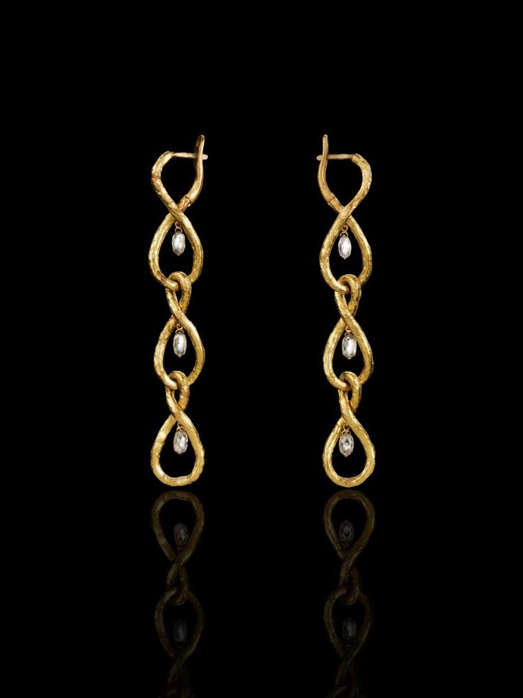 Liv Ballard Collection Analemma earrings in hammered yellow gold with briolette diamonds.