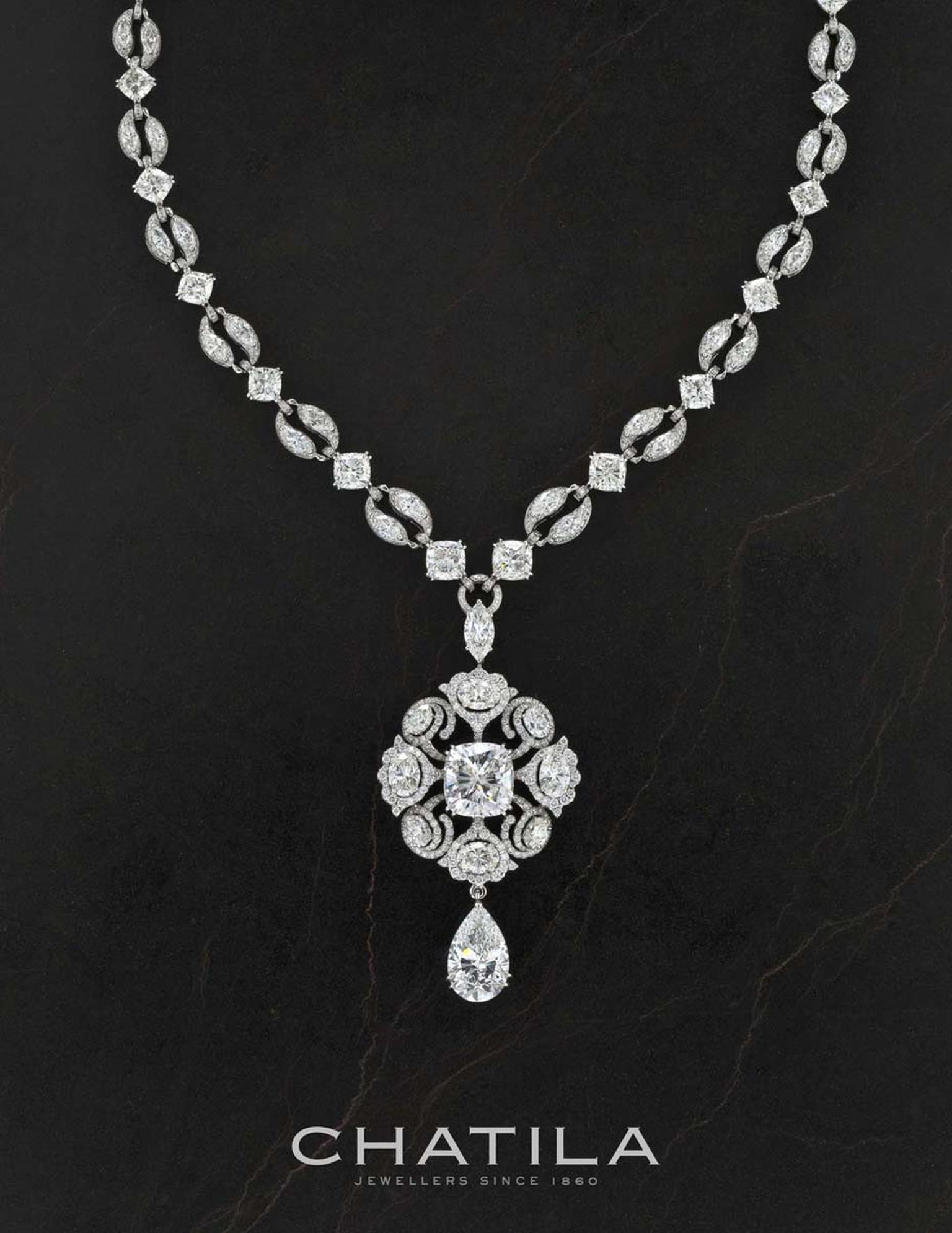 Chatila will also be showing this fancy shape diamond necklace with a 10.04ct cushion cut centre diamond.