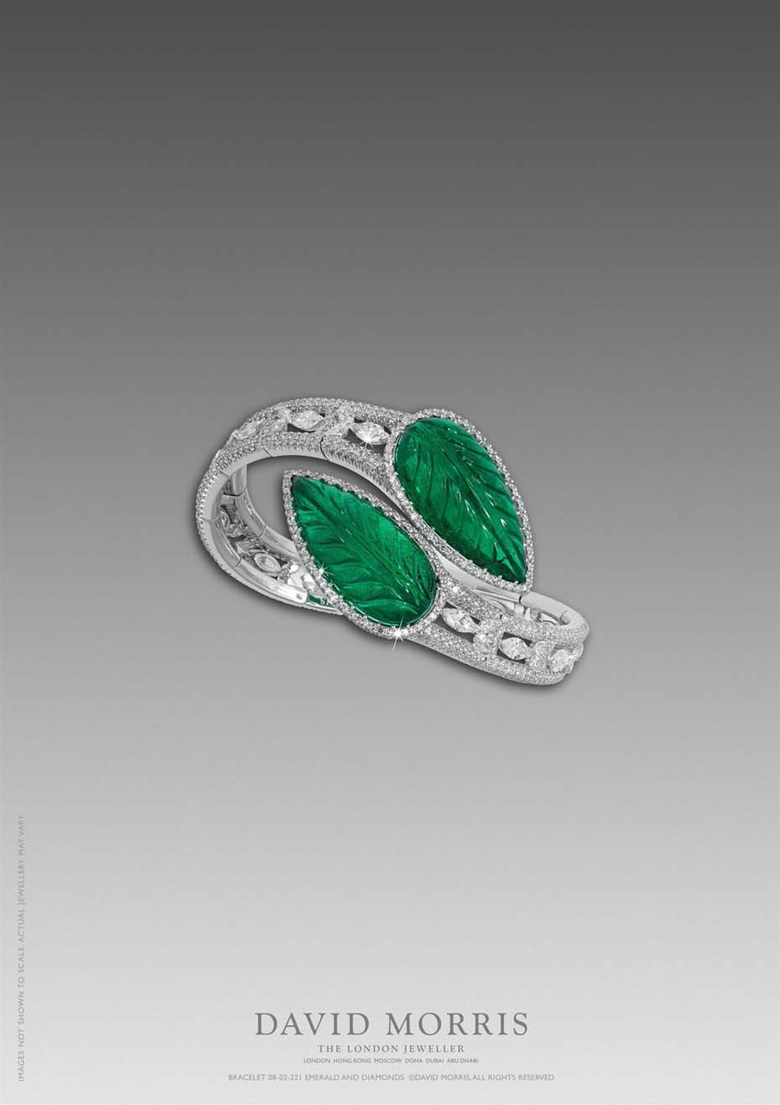 David Morris' use of coloured gemstones is showcased beautifully in this carved Zambian emerald flexible bangle, with marquise and pear shape motifs and white diamond micro-set diamonds.