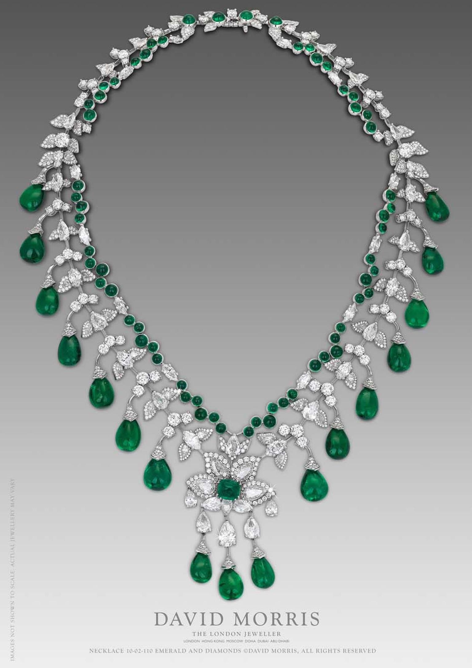 This Zambian emerald cabouchon necklace by David Morris, with round marquise diamonds and a pear shape motif set in 18ct white gold is truly breathtaking.