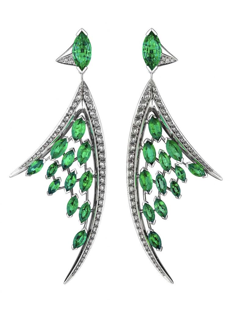 Aerial white diamond and marquise-cut emerald earrings