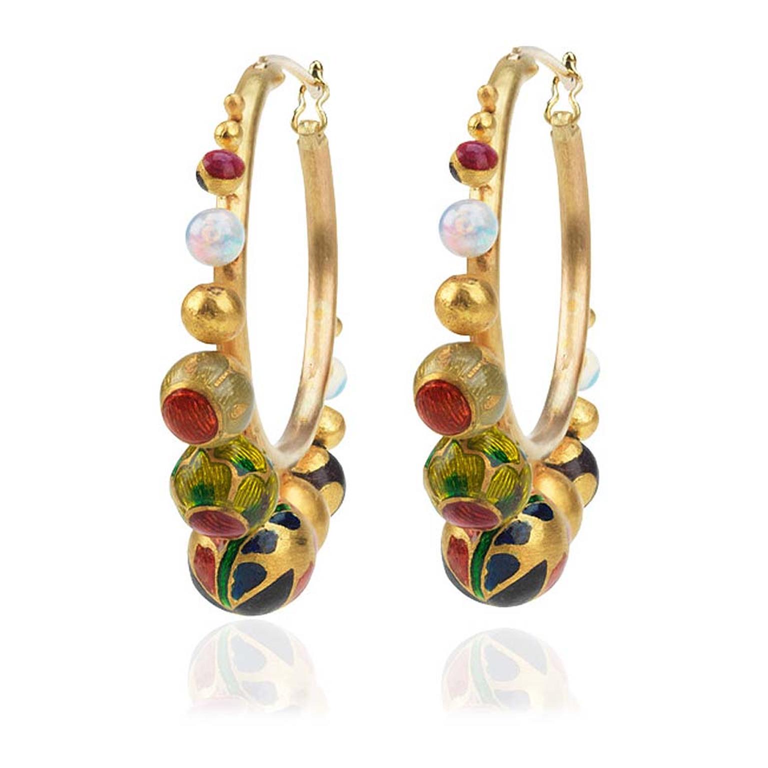 Alice Cicolini Kimono brushed yellow gold and enamel hoop earrings with graduating gold balls decorated with enamel patterns and polished white opal spheres. £3600.