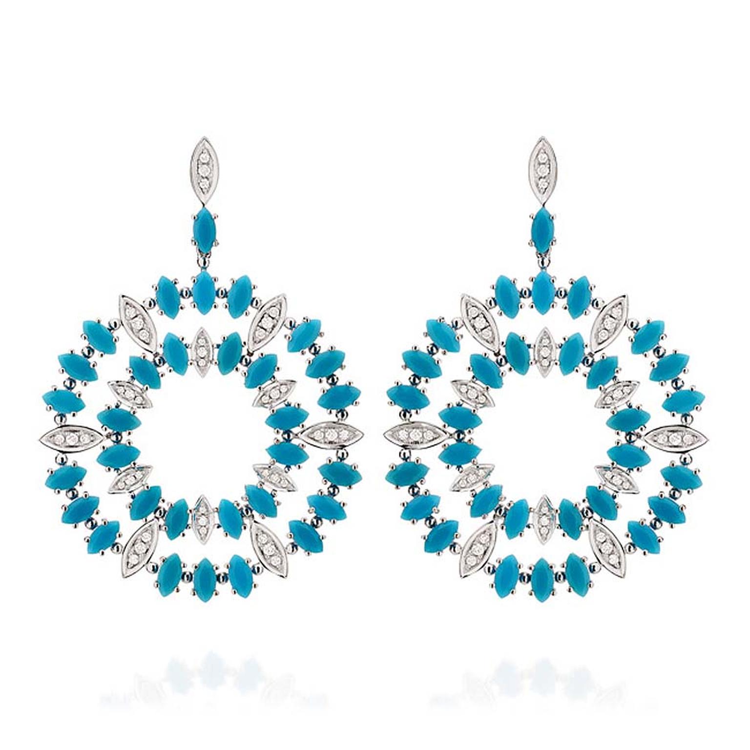 Brazilian jewellery designer Carla Amorim's São Paulo Aquário turquoise and diamond hoop earrings featuring turquoise drops interspersed by diamond-set white gold drops. $11,200.