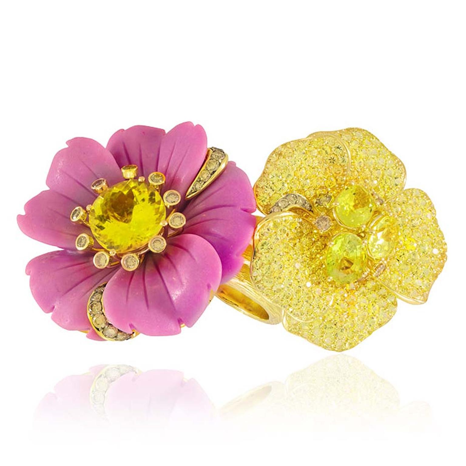 Lydia Courteille's Sweet and Sour double flower cocktail ring features two flowers, one featuring a rare Chilean phosphosiderite, the other in yellow gold and pavé set with topaz and sapphires. €17,500.