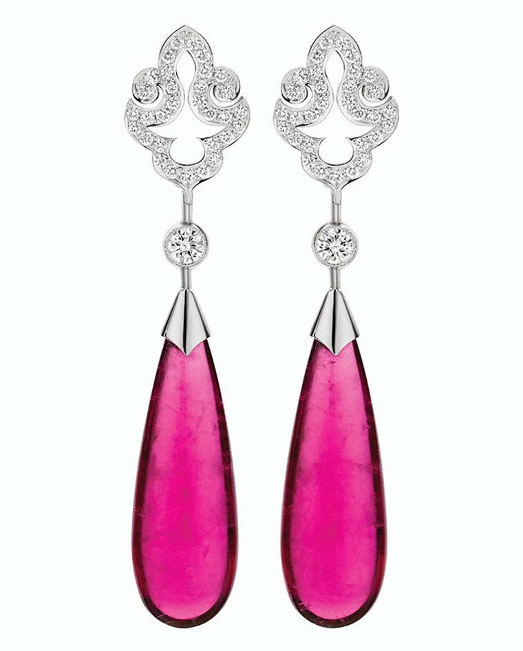 Calleija Maharaja rubellite drop earrings in white gold featuring a deep pink rubellite suspended from a white diamond pavé floral stud earring. £15,100.