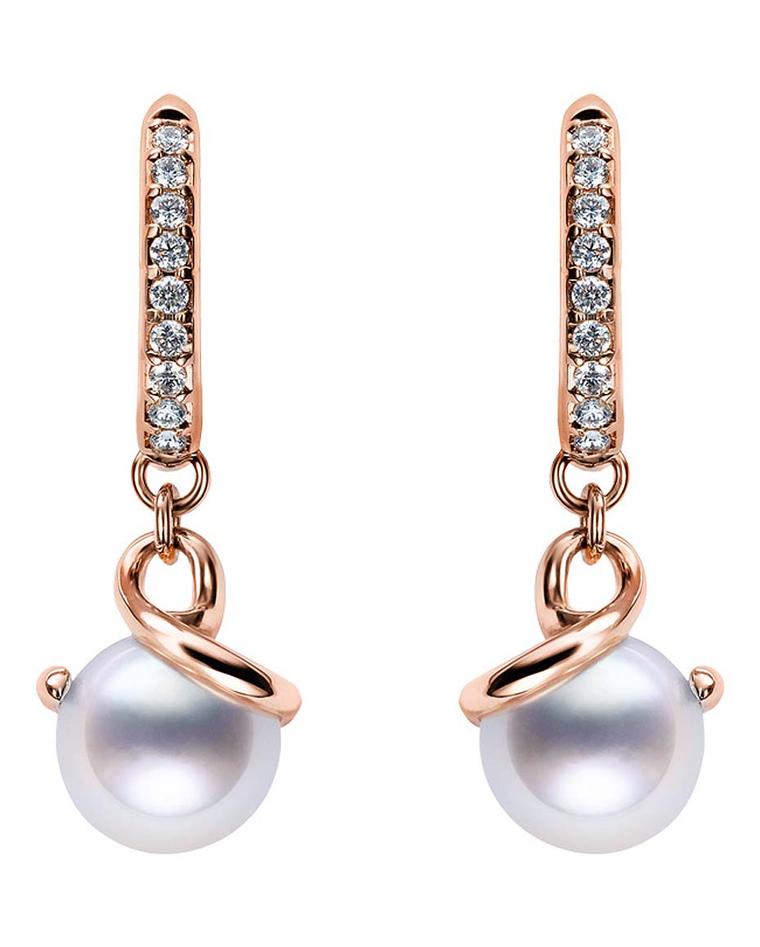 Mikimoto South Sea Pearl earrings in rose gold from the Twist collection featuring a white South Sea cultured pearl and a twist of diamonds. £1,800.