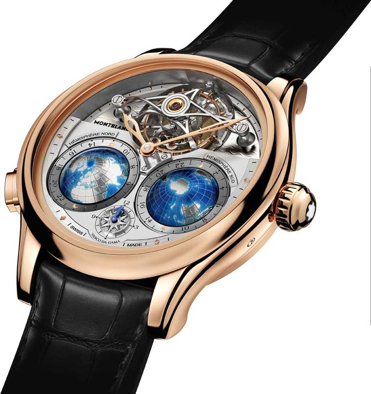 Montblanc Tourbillon Cylindrique Geosphères Vasco da Gama combines a tourbillon with a triple time zone indicator. The global world-time indication is graphically represented by the two blue globes on the dial.