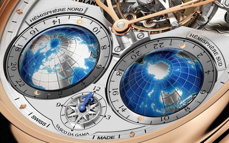 Monblanc Tourbillon Cylindrique Geosphères Vasco da Gama features two hand-painted globes with land masses in silver, representing the 24 time zones in the Northern and Southern hemispheres respectively. The Rose of the Winds compass gives the home time, 
