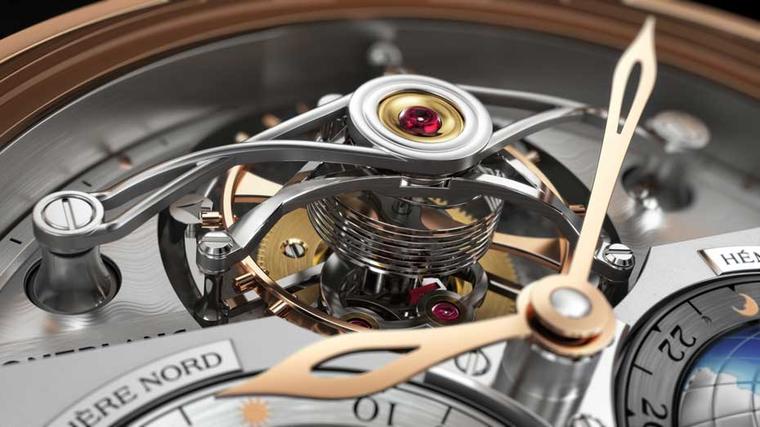 Montblanc Tourbillon Cylindrique Geosphères Vasco da Gama showcases its tourbillon mounted on a cylindrical hairspring, similar to the ones originally used on high-precision marine chronometers.