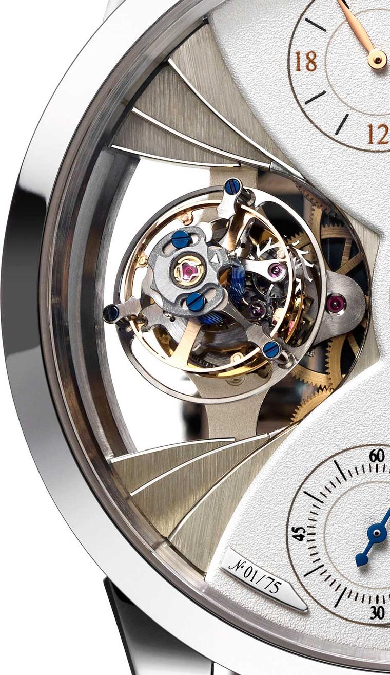 Jaeger-LeCoultre Duomètre Sphérotourbillon Moon creates a highly visible stage for its tourbillon with three overlapping tiers, like seats in an amphitheatre.