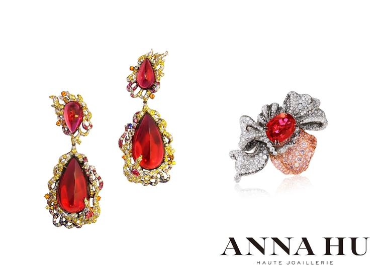 Anna Hu's one-of-a-kind Fire Phoenix earrings, featuring two pear-shaped cabochon Rubellites weighing 101 carats and a further two weighing 22.88 carats, set in a blaze of white and yellow diamonds, blue, pink and purple sapphires, paraiba tourmalines and