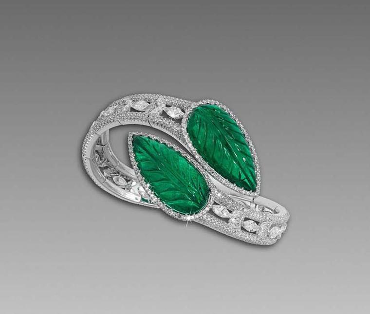 David Morris' use of African emeralds is showcased beautifully in this flexible carved Zambian emerald bangle with marquise, pear-shape and micro-set diamonds.