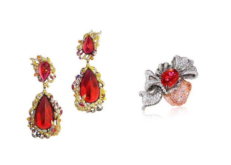 The one-of-a-kind Anna Hu Fire Phoenix rubellite earrings and Petales D'amour ring set with a rare pigeon's blood Burmese ruby worn by Gwyneth Paltrow on the Oscars 2015 red carpet.