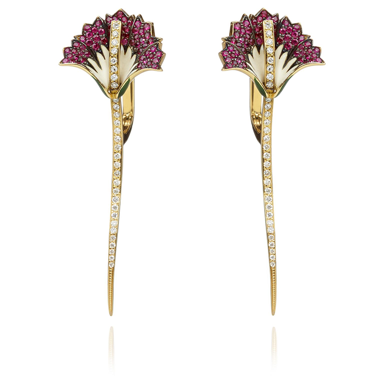 Ilgiz F for Annoushka Carnation earrings in yellow gold with rubies set amongst a white diamond stem. £8,100.