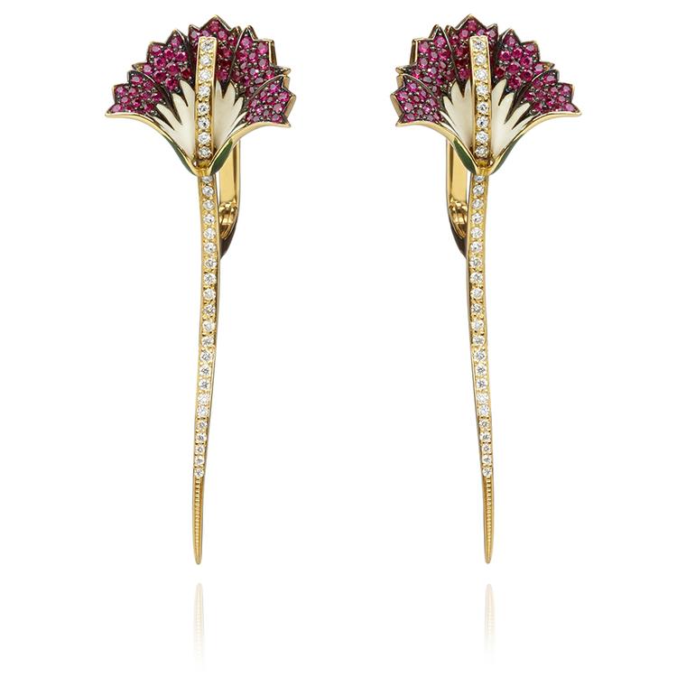 Ilgiz F for Annoushka Carnation earrings in yellow gold with rubies set amongst a white diamond stem. £8,100.