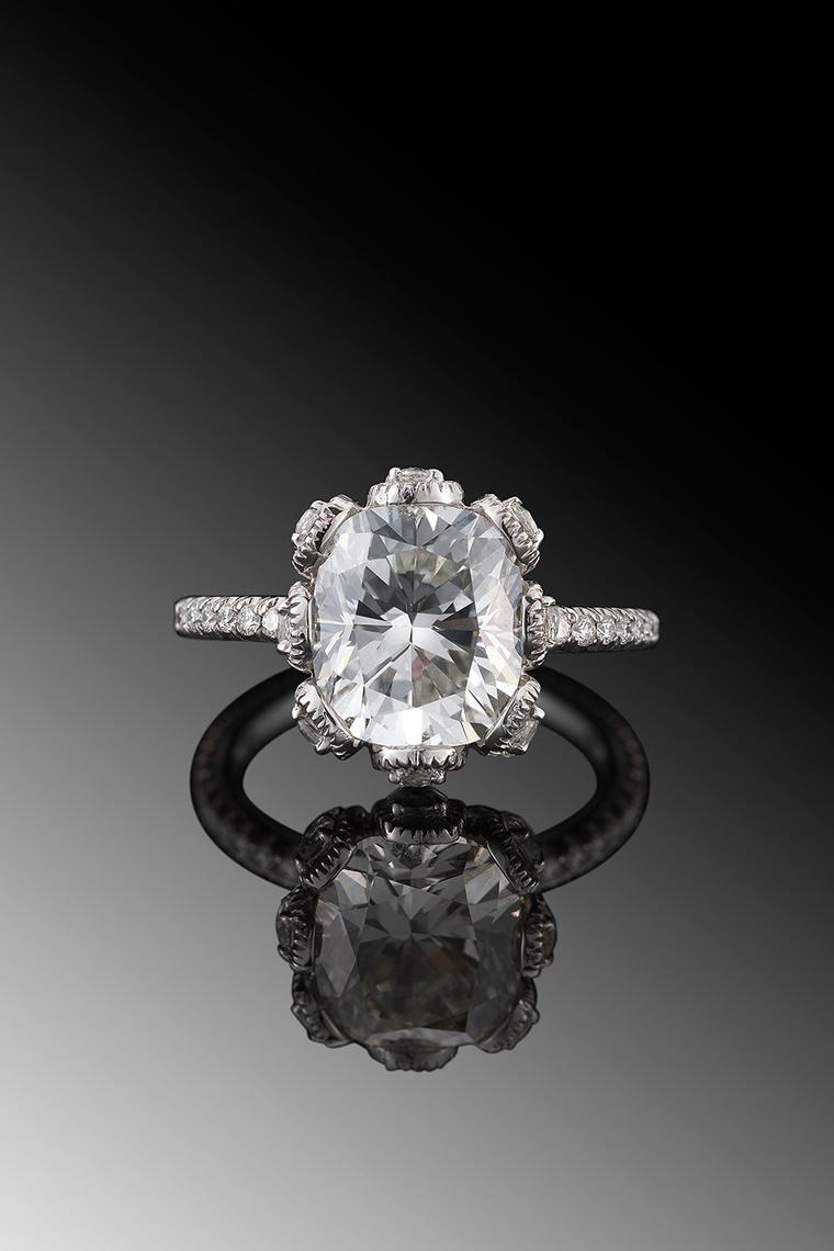 Fred Leighton cushion-cut diamond engagement ring in platinum.