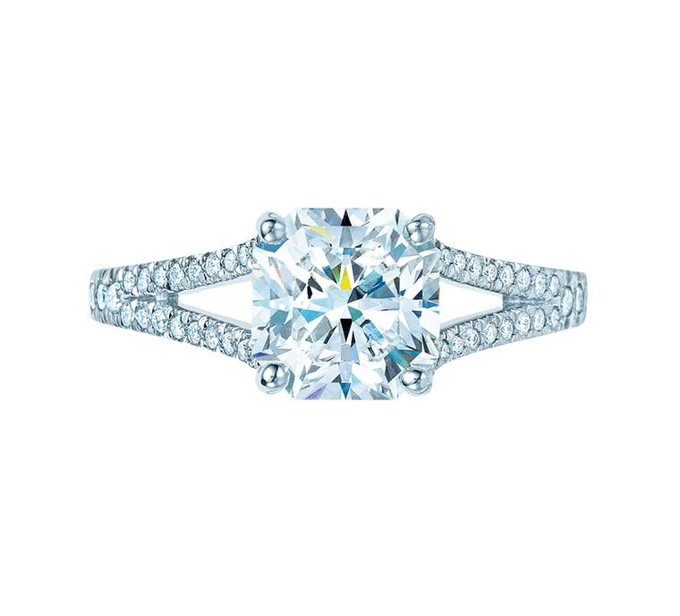 Tiffany & Co. diamond engagement ring featuring a central diamond in its signature Lucida cut.
