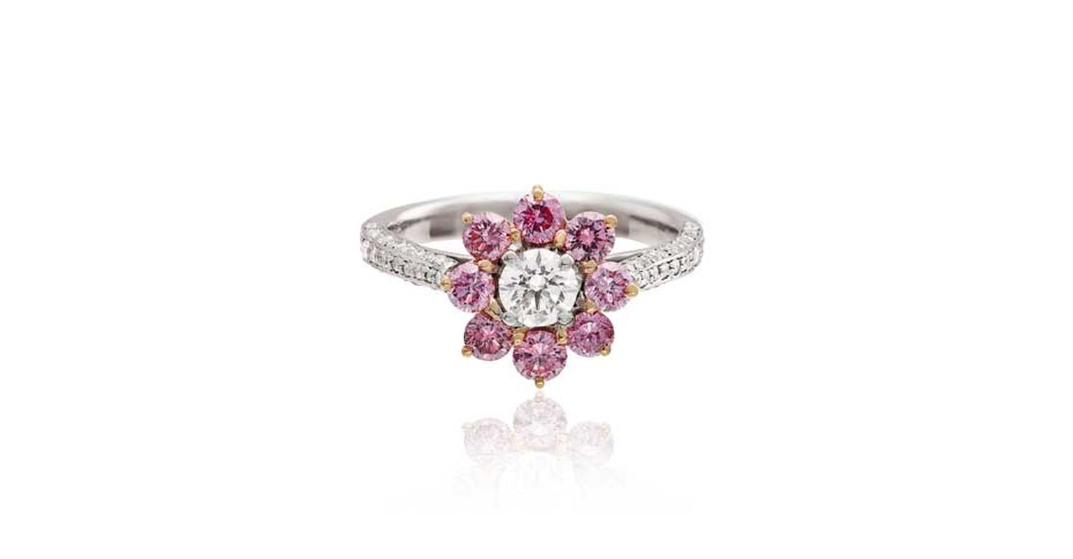 Linneys Argyle pink diamond ring in platinum and rose gold with white diamonds, available at www.linneys.com.au.