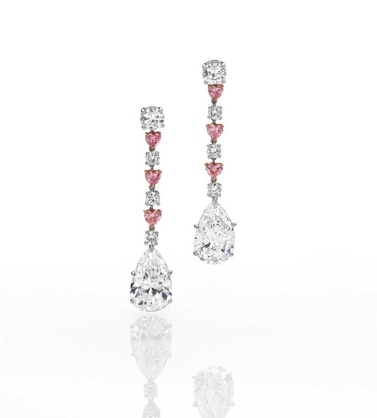 Cerrone diamond drop earrings in white and rose gold with pear-shaped white diamonds and Argyle pink diamonds.