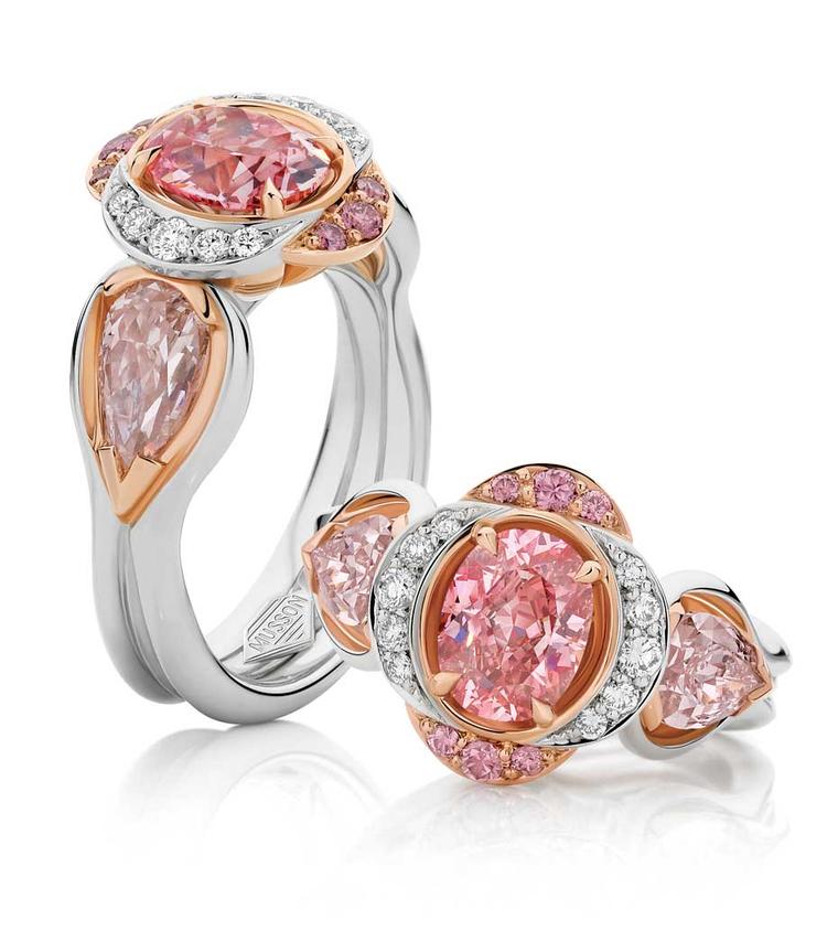 Musson's Lowanna pink diamond ring ring is set with a 1.27ct Fancy Vivid Argyle pink diamond, complemented by a pair of 1.78ct blush pink diamond shoulders set in a white and rose gold bespoke Musson design. Available at www.musson.com.au.