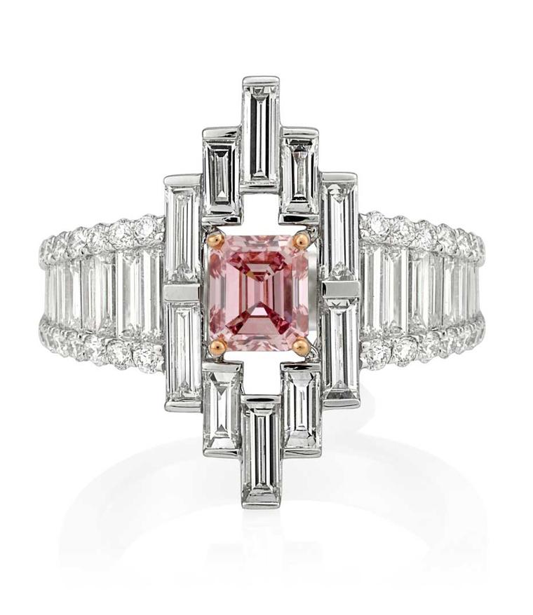 Mondial Pink Diamond Atelier Cathedral pink diamond ring in platinum featuring an emerald-cut 0.83ct natural Argyle pink diamond, available at www.mondial.com.au.