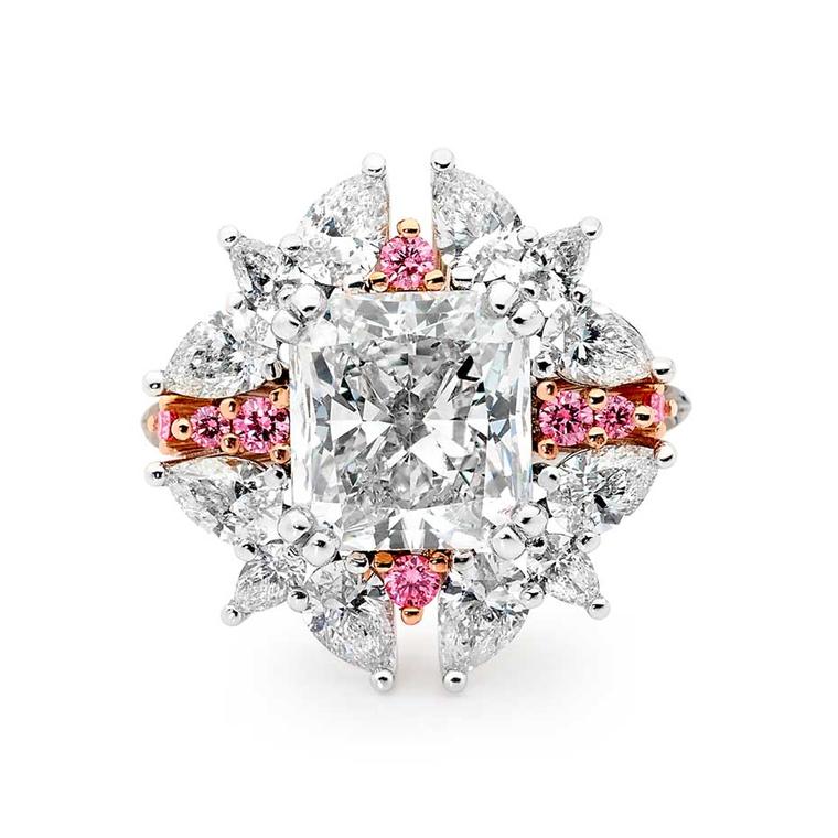 Linneys Argyle pink diamond ring in white and rose gold with white diamonds, available at www.linneys.com.au.