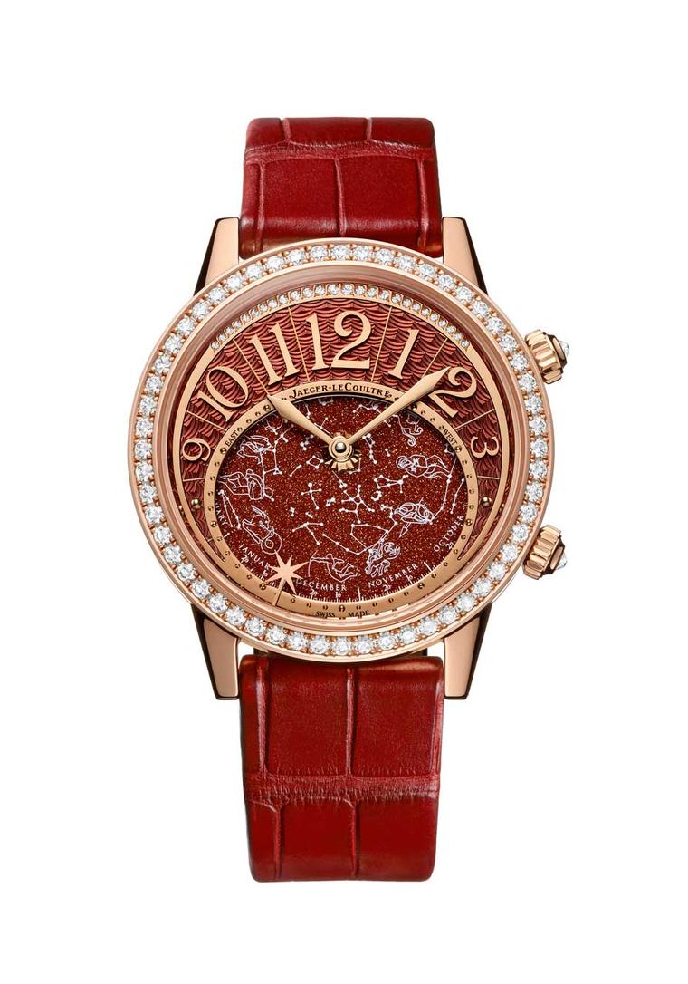 Jaeger-LeCoultre Rendez-Vous Celestial watch recreates the fire of the Sun with a dial made from Bordeaux-coloured aventurine, a stone that changes colour depending on the light. Just below the hour crescent is an elliptical disc featuring the 12 Zodiac s