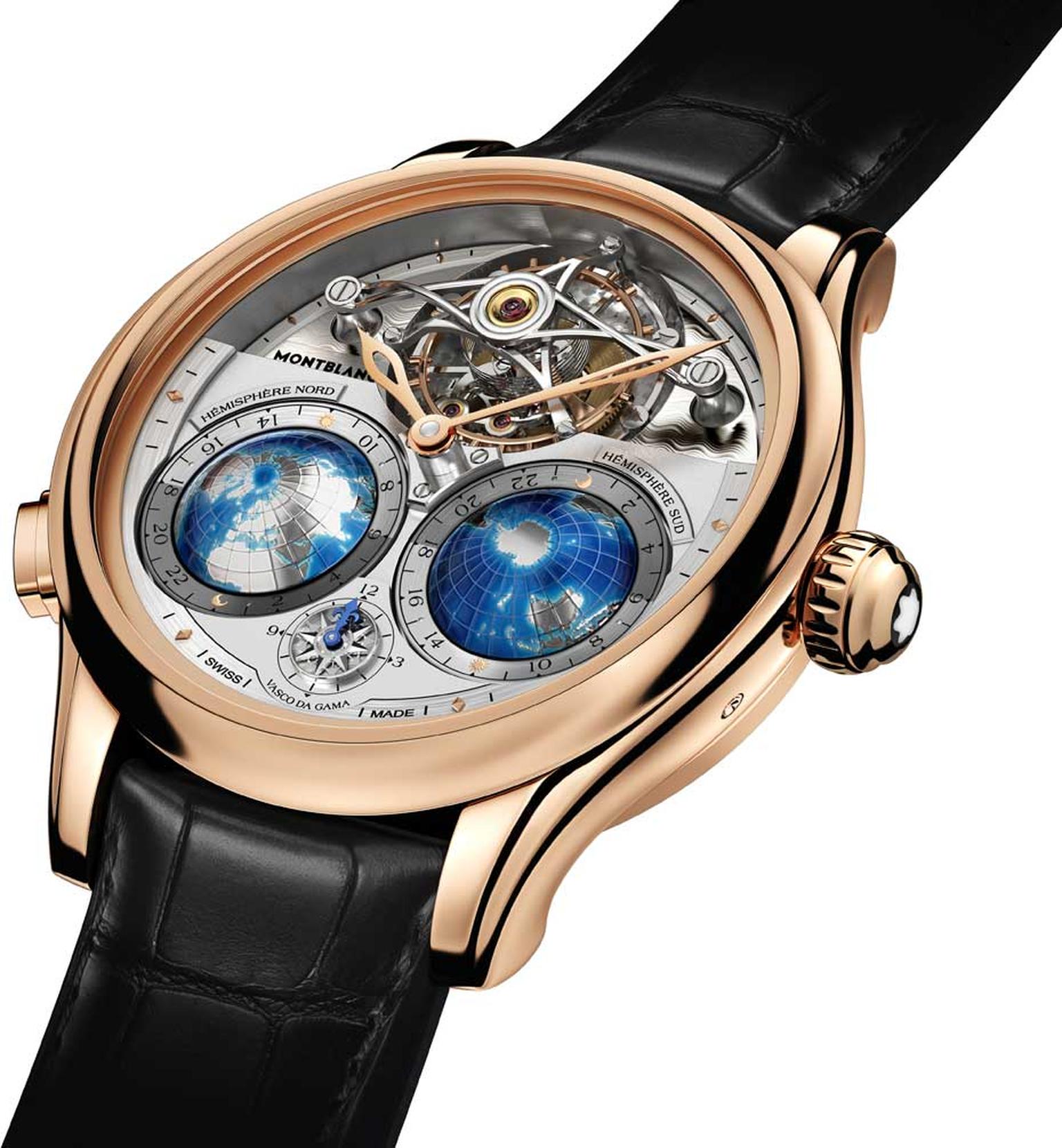Montblanc Tourbillon Cylindrique Geosphères Vasco da Gama combines a tourbillon with a triple time zone indicator. The global world-time indication is graphically represented by the two blue globes on the dial.