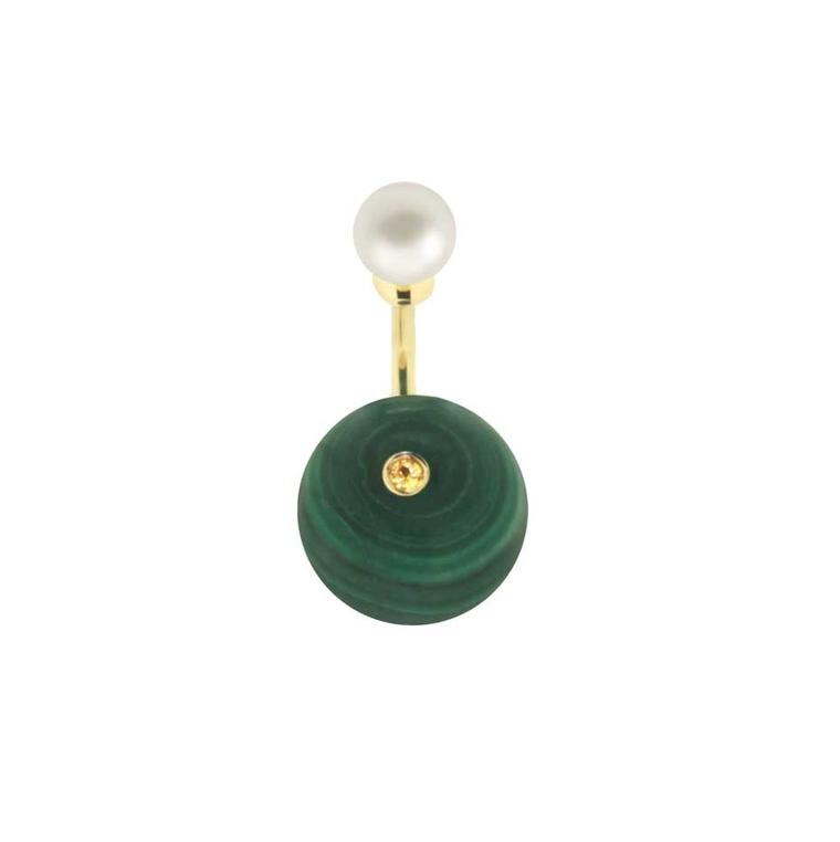 Malachite, pearl and yellow sapphire Stone-Edge piercing earring from the Delfina Delettrez jewellery collection.