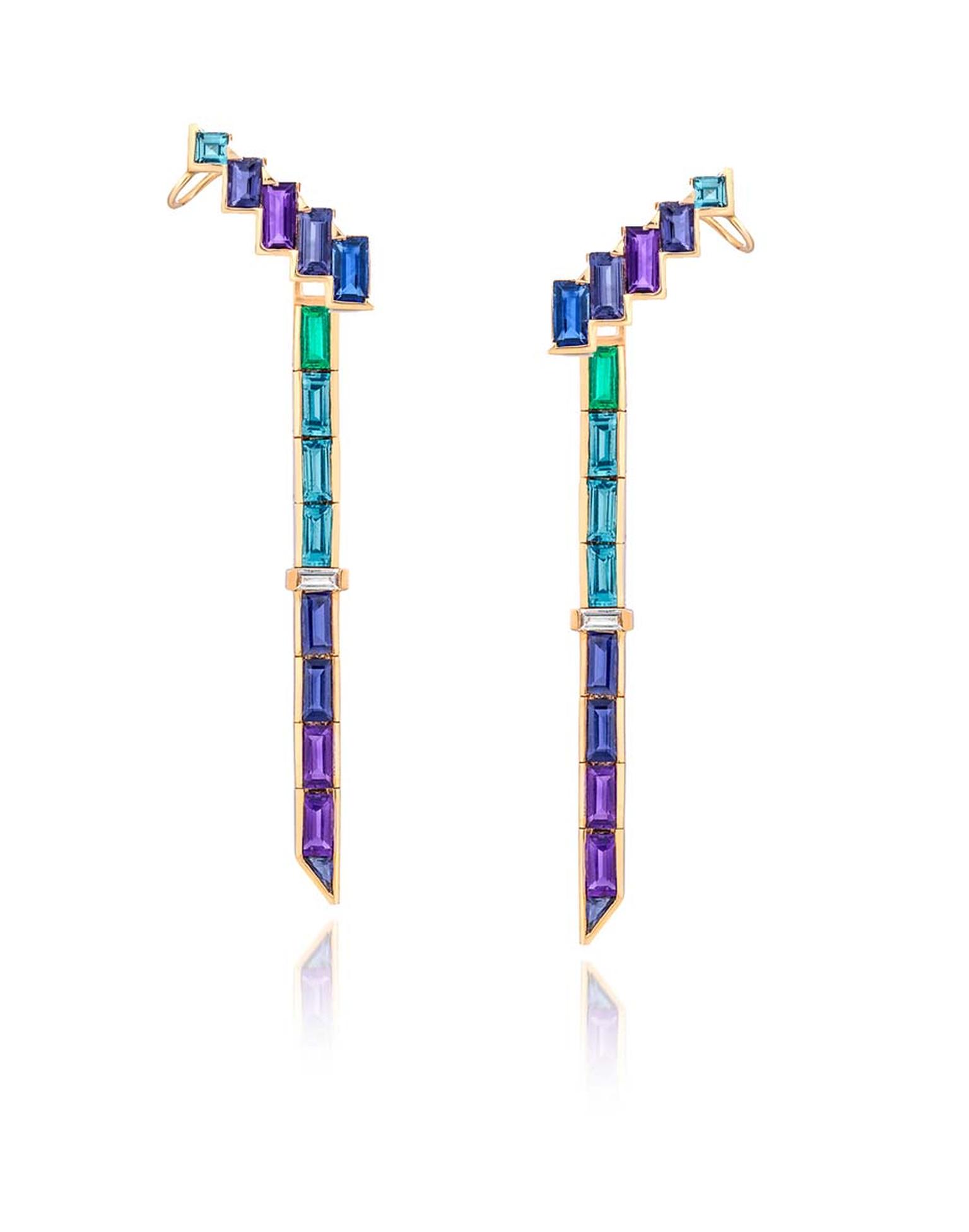 Tomasz Donocik earring cuffs with amethyst, tanzanite, blue sapphire, iolite and blue topaz, from the Electric Night collection.